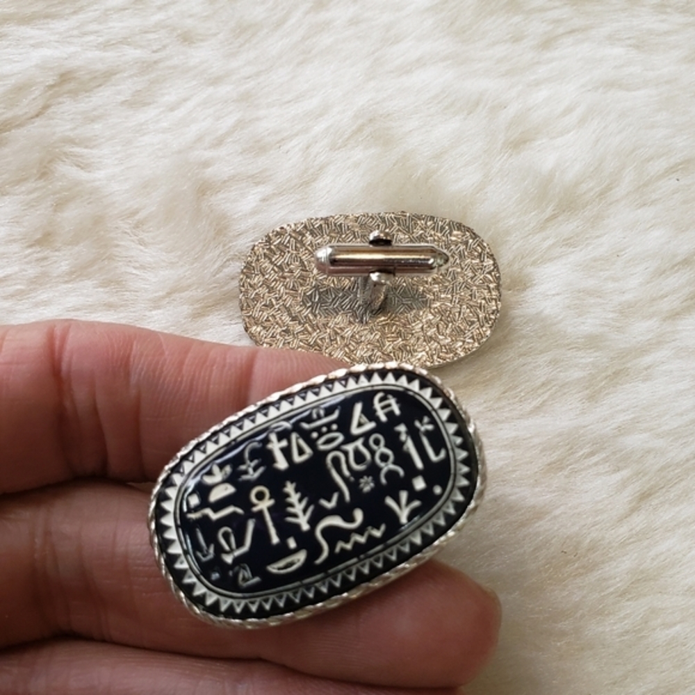 VINTAGE Large Hieroglyphics Egyptian Revival Cufflinks Etched Glass Cabochon